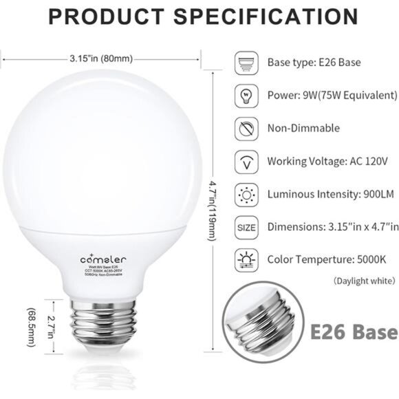 G25 LED Globe Light Bulbs, 80 Watt Equivalent 5000K Daylight Vanity, 900LM LED - Picture 6 of 8